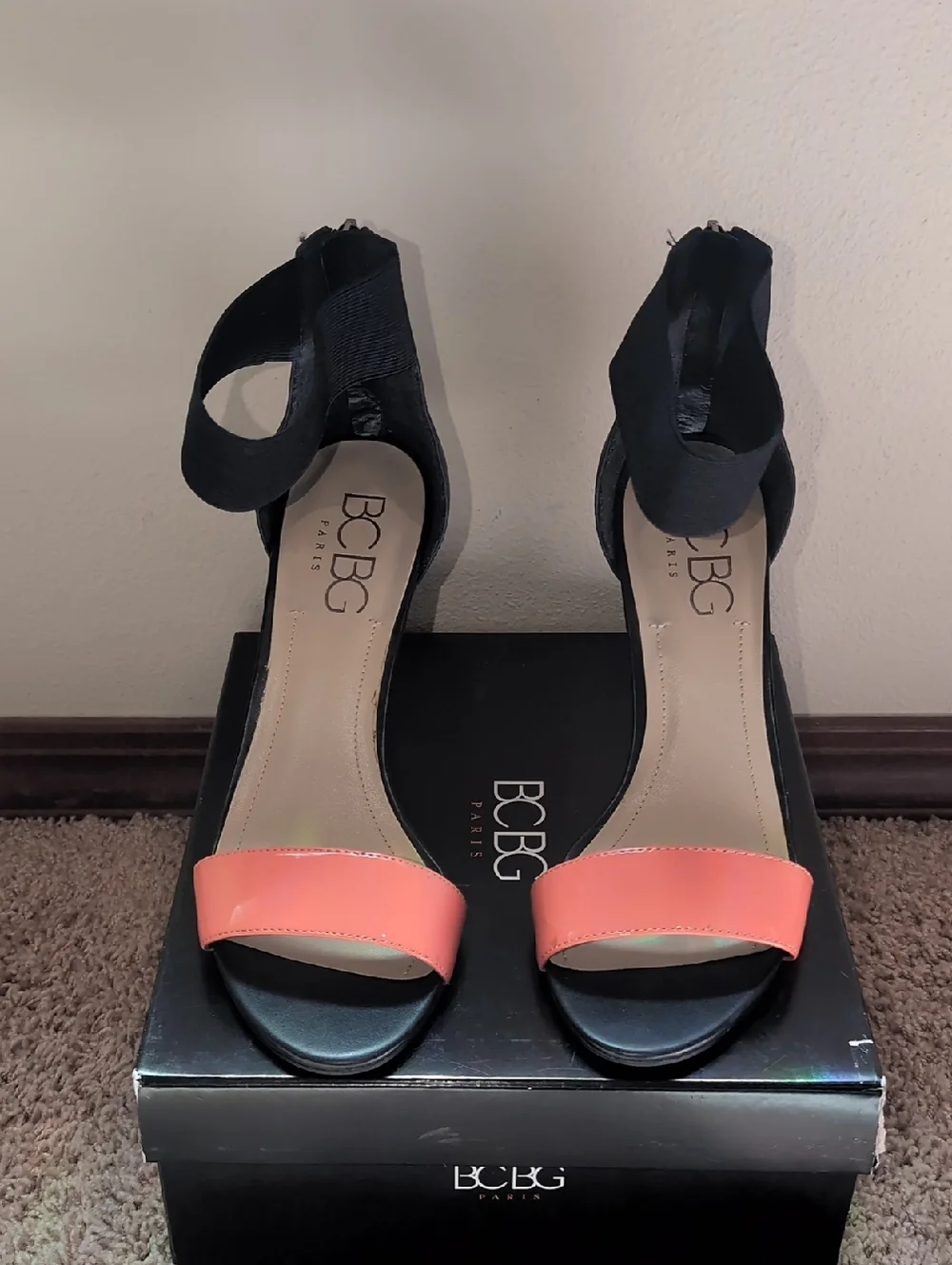 BCBG Black and Coral Open-Toe Ankle Strap Heels - Picture 1 of 6
